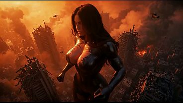 AI-generated. A giant woman attacks the city until a giant robot satisfies her sexual desires.