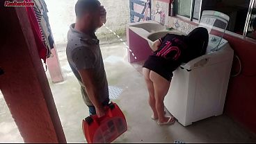 Married housewife pays washing machine repairman with her buttocks while husband is away.
